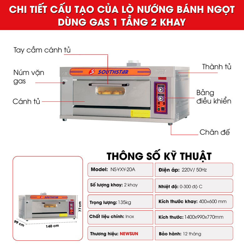 Cấu tạo lò nướng bánh dùng điện 1 tầng 2 khay