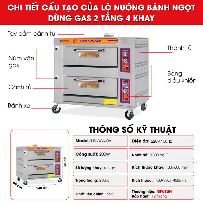 Cấu tạo của lò nướng bánh ngọt dùng gas 2 tầng 4 khay 