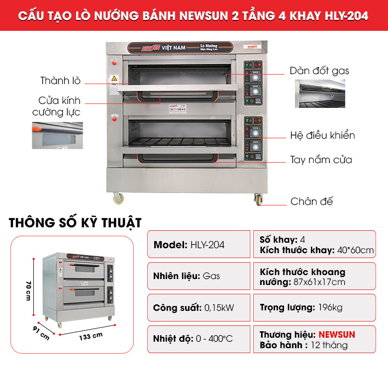 Cấu tạo lò nướng bánh 2 tầng 4 khay HLY-204