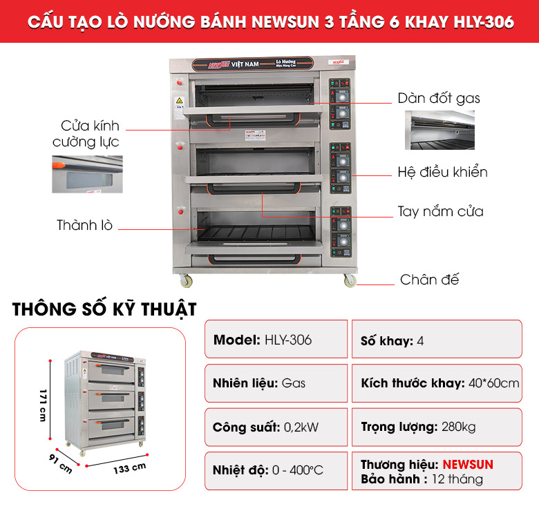 Cấu tạo lò nướng bánh 3 tầng 6 khay HLY-306