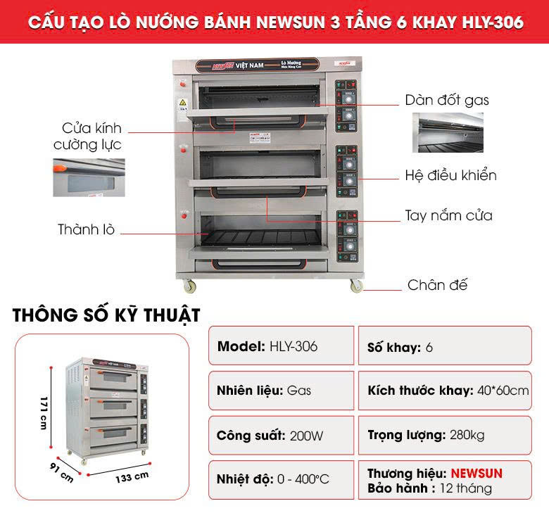 Cấu tạo lò nướng dùng gas 3 tầng 6 khay HLY-306 Cấu tạo lò nướng dùng gas 3 tầng 6 khay HLY-306