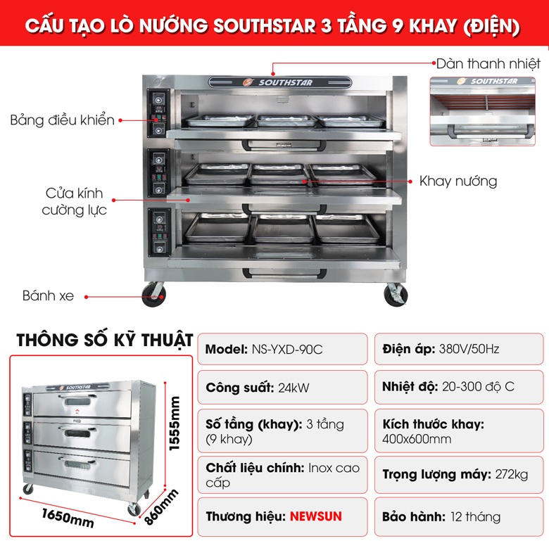 Cấu tạo lò nướng 3 tầng 9 khay Southstar Cấu tạo lò nướng 3 tầng 9 khay Southstar