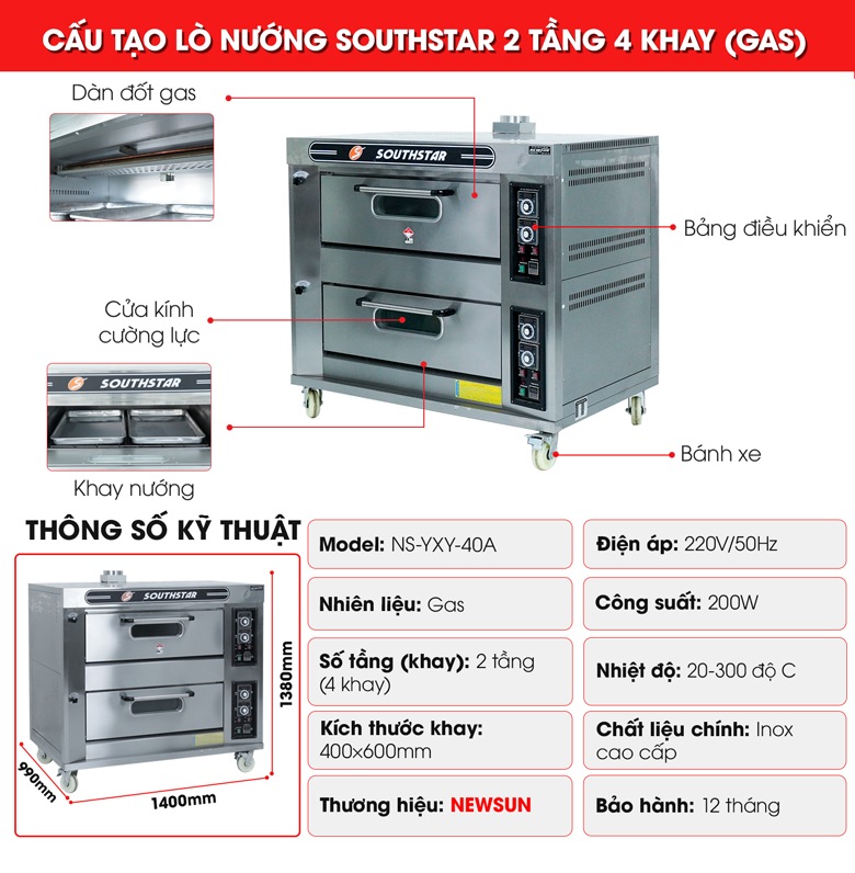 Cấu tạo lò Southstar 2 tầng 4 khay gas