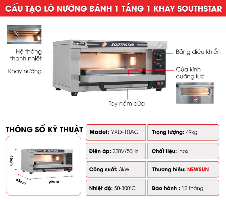 Cấu tạo lò nướng bánh 1 tầng 1 khay Southstar dùng điện