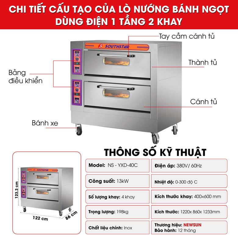 Cấu tạo lò nướng bánh 2 tầng 4 khay Southstar điện