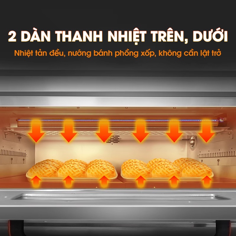 2 dàn thanh nhiệt trên và dưới tản nhiệt đều, nướng bánh phồng xốp 2 dàn thanh nhiệt trên và dưới tản nhiệt đều, nướng bánh phồng xốp