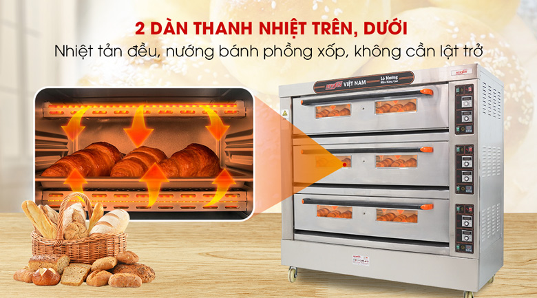 2 dàn thanh nhiệt trên và dưới giúp nhiệt tản đều, nướng bánh xốp