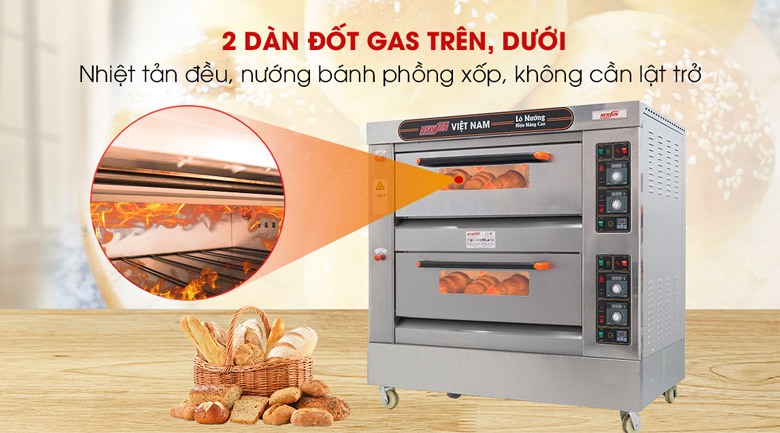 2 dàn đốt gas trên và dưới giúp bánh phồng xốp, không cần lật trở