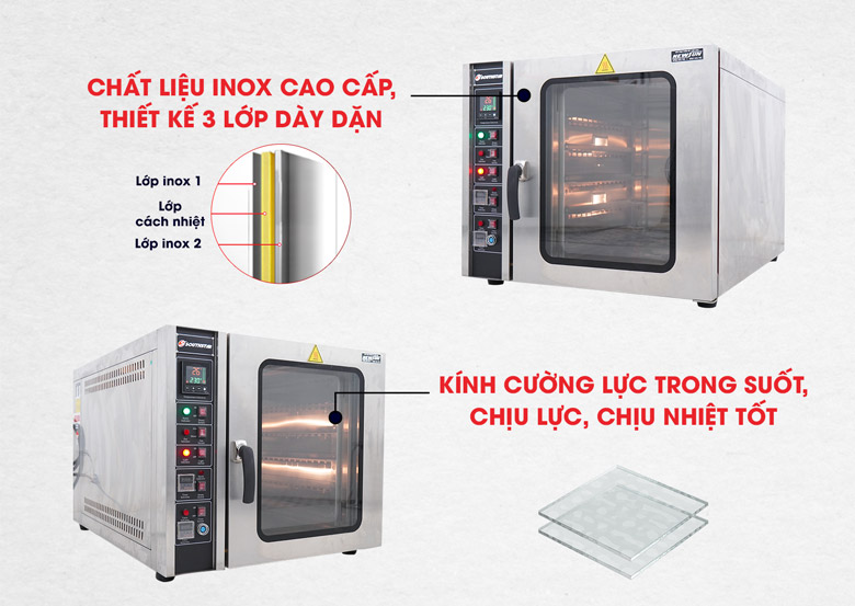 Thiết kế thành lò 2 lớp inox dày dặn, có cách nhiệt ở giữa