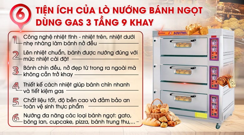 Tiện ích của lò nướng bánh 3 tầng 9 khay Southstar gas