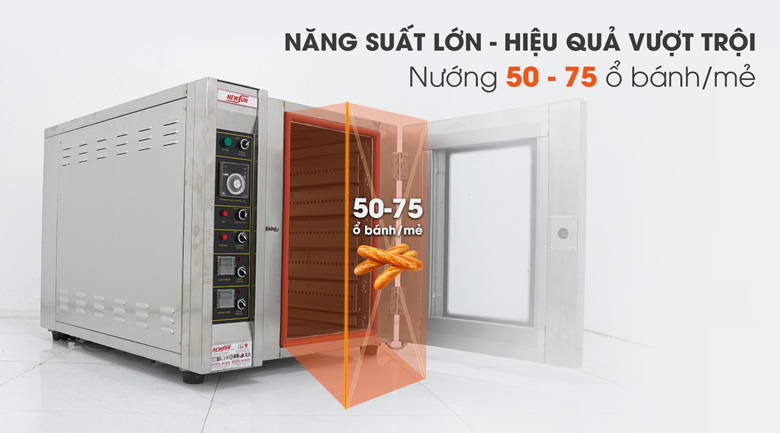 Nướng 50 - 75 ổ bánh mì/mẻ với khoang chứa 5 khay kích thước lớn