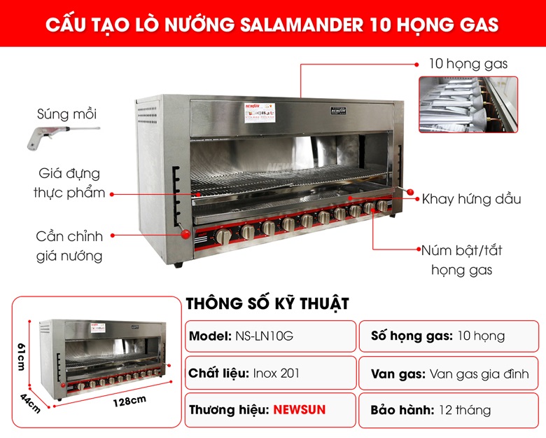 Cấu tạo của lò nướng Salamander 10 họng gas