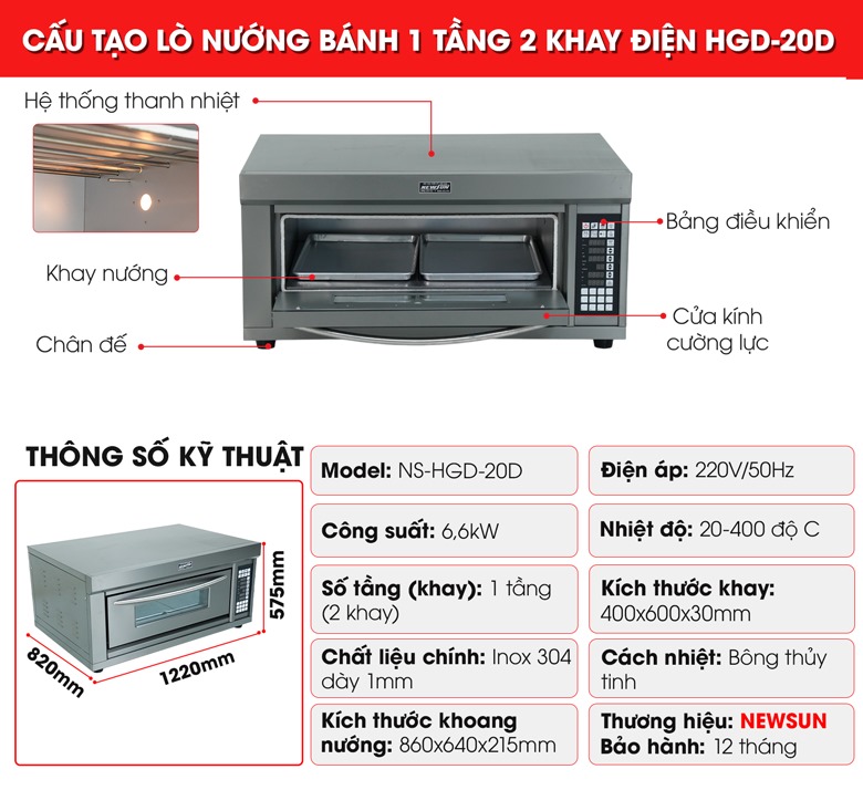 Cấu tạo lò nướng bánh dùng điện 1 tầng 2 khay HGD-20D Cấu tạo lò nướng bánh dùng điện 1 tầng 2 khay HGD-20D