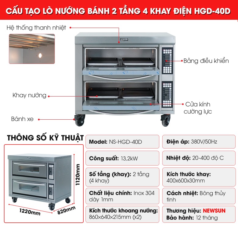 Cấu tạo lò nướng bánh dùng điện 2 tầng 4 khay HGD-40D