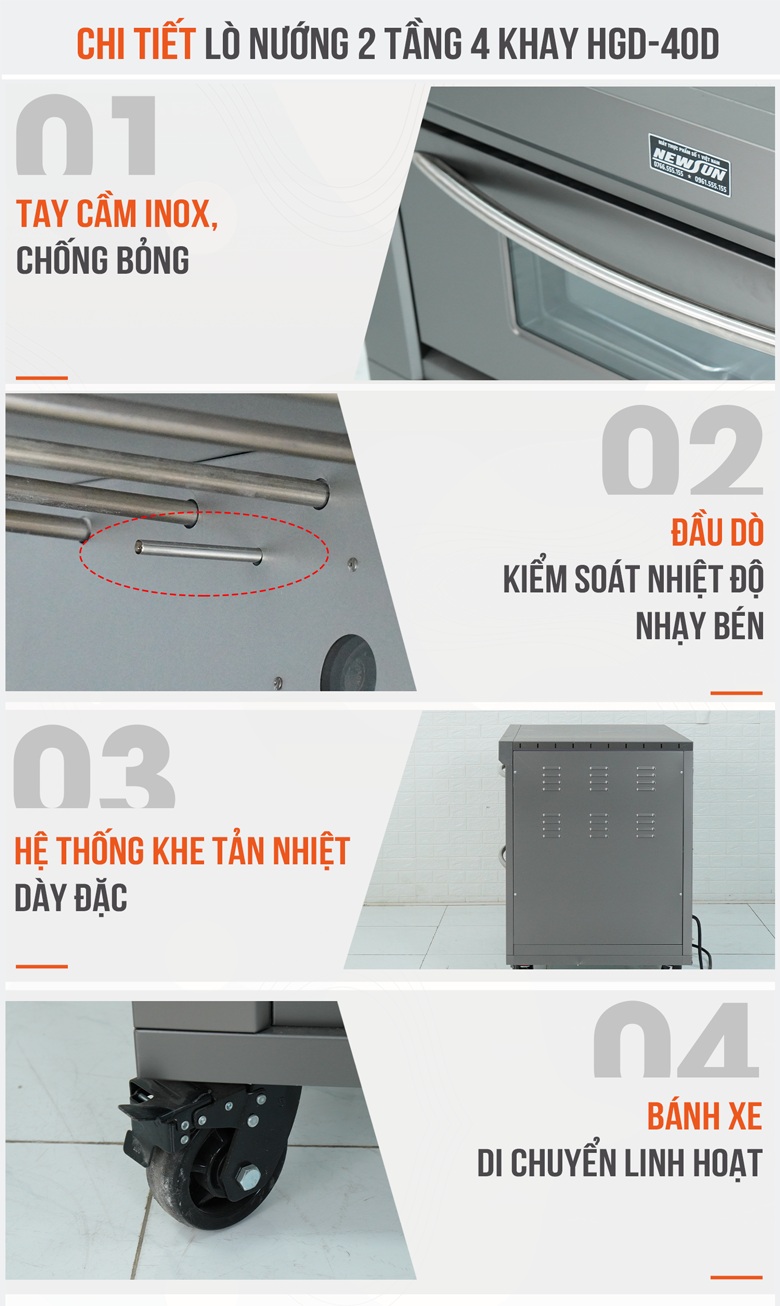Chi tiết của lò nướng bánh dùng điện 2 tầng 4 khay HGD-40D