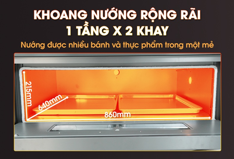 Khoang nướng rộng rãi, kích thước 860x640x215mm Khoang nướng rộng rãi, kích thước 860x640x215mm