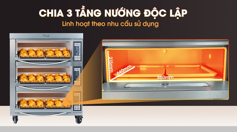 Chia 3 tầng nướng độc lập, linh hoạt theo nhu cầu sử dụng Chia 3 tầng nướng độc lập, linh hoạt theo nhu cầu sử dụng
