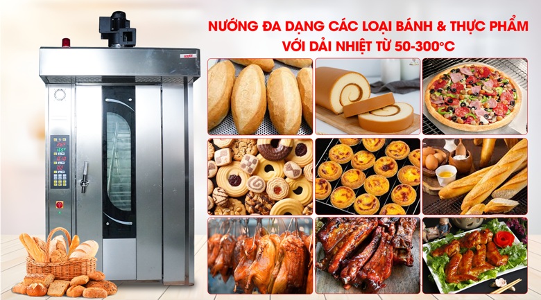 Dải nhiệt độ 50-300 độ C, nướng đa dạng các loại bánh và thực phẩm Dải nhiệt độ 50-300 độ C, nướng đa dạng các loại bánh và thực phẩm