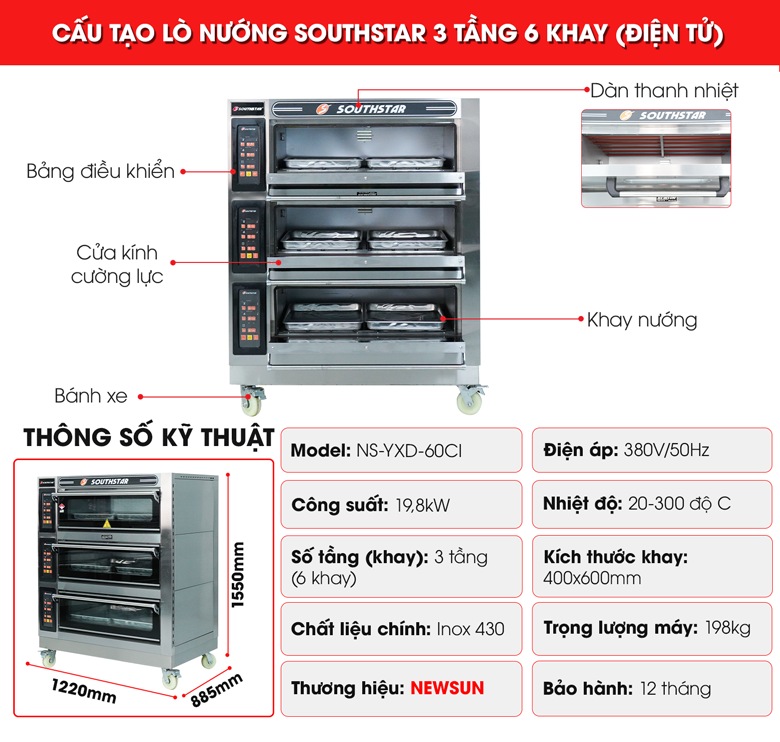Cấu tạo lò nướng Southstar điện 3 tầng 6 khay YXD-60CI