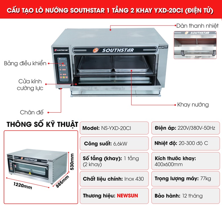 Cấu tạo lò nướng Southstar điện 1 tầng 2 khay YXD-20CI Cấu tạo lò nướng Southstar điện 1 tầng 2 khay YXD-20CI