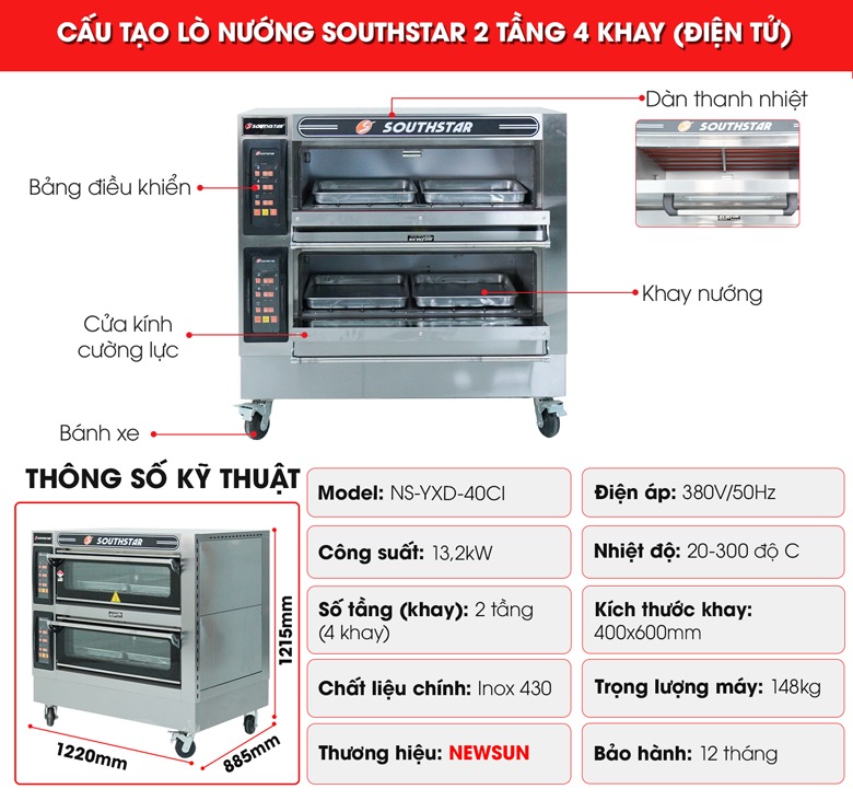 Cấu tạo lò nướng Southstar điện 2 tầng 4 khay YXD-40CI Cấu tạo lò nướng Southstar điện 2 tầng 4 khay YXD-40CI