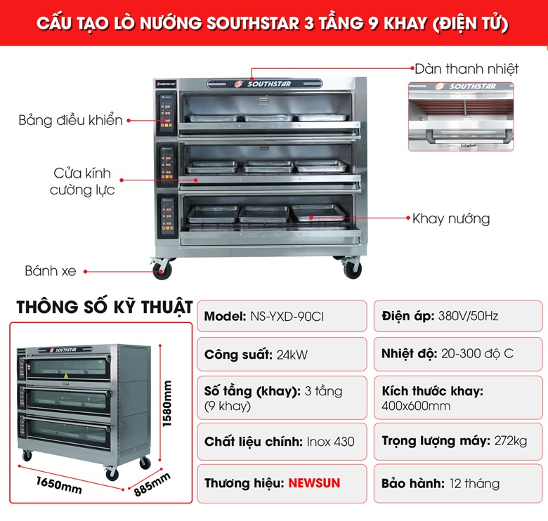 Cấu tạo lò nướng Southstar điện 3 tầng 9 khay YXD-90CI