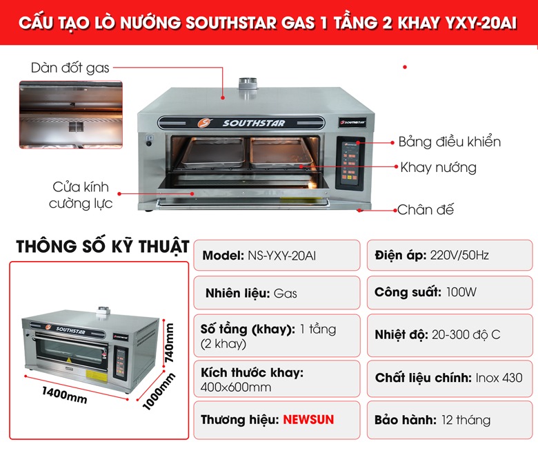 Cấu tạo lò nướng Southstar gas 1 tầng 2 khay YXY-20AI