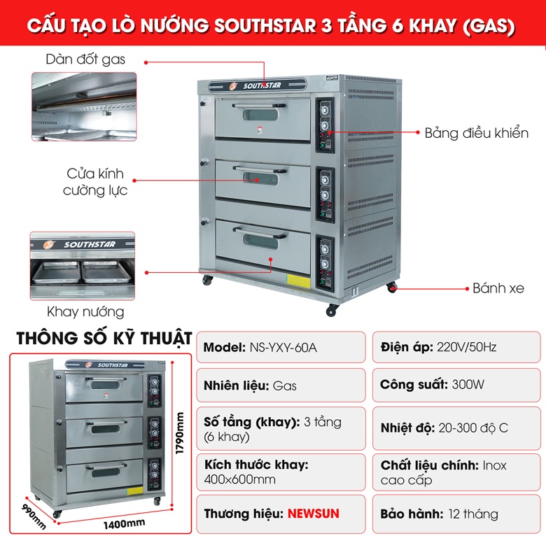 Cấu tạo lò Southstar 3 tầng 6 khay gas