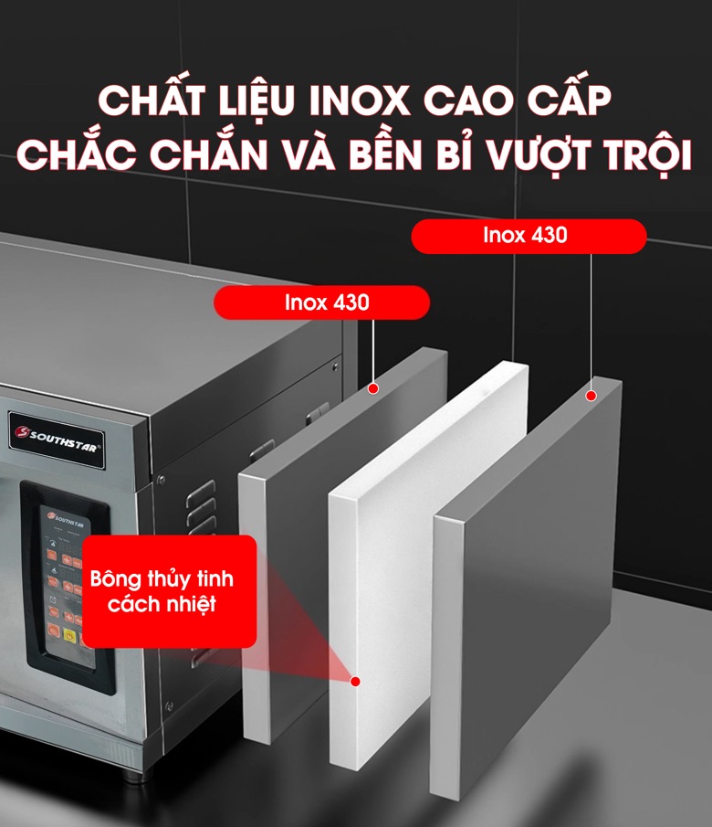 Thành lò bằng inox cao cấp, có lớp cách nhiệt chống bỏng