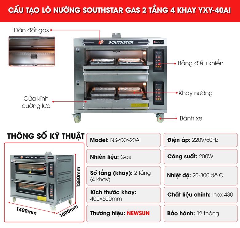 Cấu tạo lò nướng Southstar gas 2 tầng 4 khay YXY-40AI