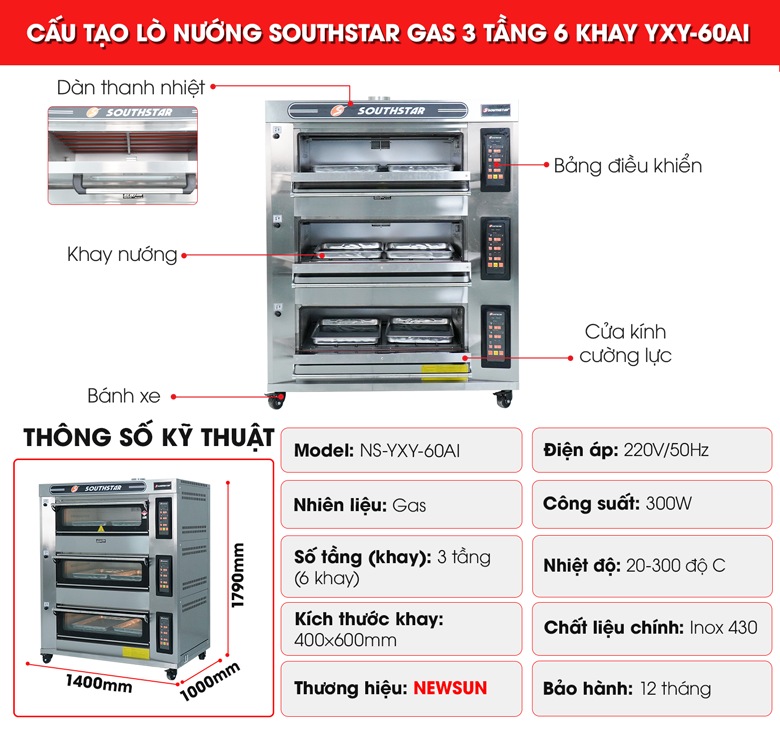 Cấu tạo lò nướng Southstar gas 3 tầng 6 khay YXY-60AI