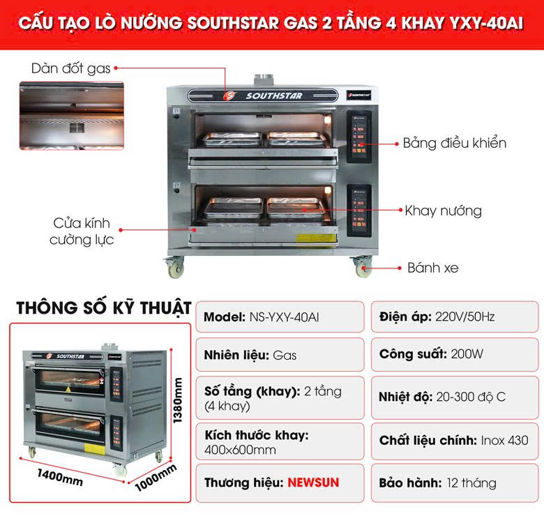 Lò Nướng Southstar Gas 2 Tầng 4 Khay YXY-40AI Cấu tạo lò nướng bánh Southstar gas 2 tầng 4 khay YXY-40AI