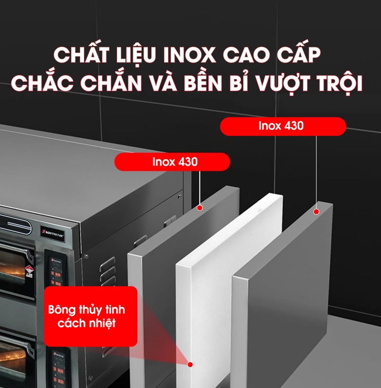 Thành lò bằng inox cao cấp, có lớp cách nhiệt chống bỏng