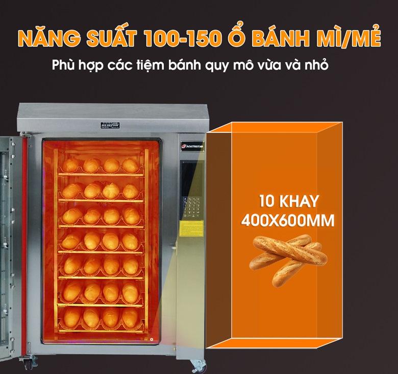 Khoang nướng rộng rãi, năng suất khoảng 100-150 ổ bánh mì/mẻ Khoang nướng rộng rãi, năng suất khoảng 100-150 ổ bánh mì/mẻ